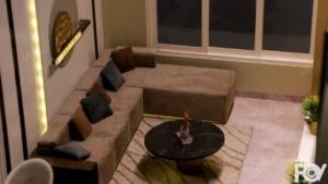 StudioFov overhead view of a modern living room scale model