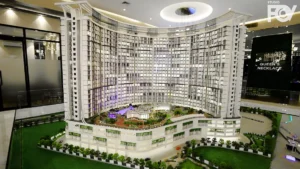 StudioFov miniature model of a modern multi-story building complex