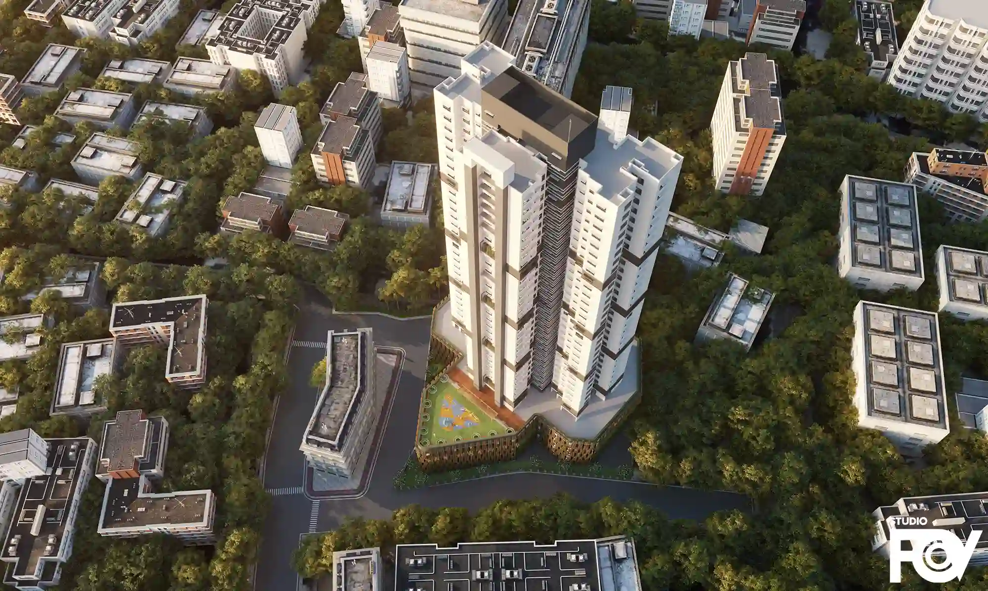 Modern high-rise residential building exterior render with stepped facade and rooftop garden.