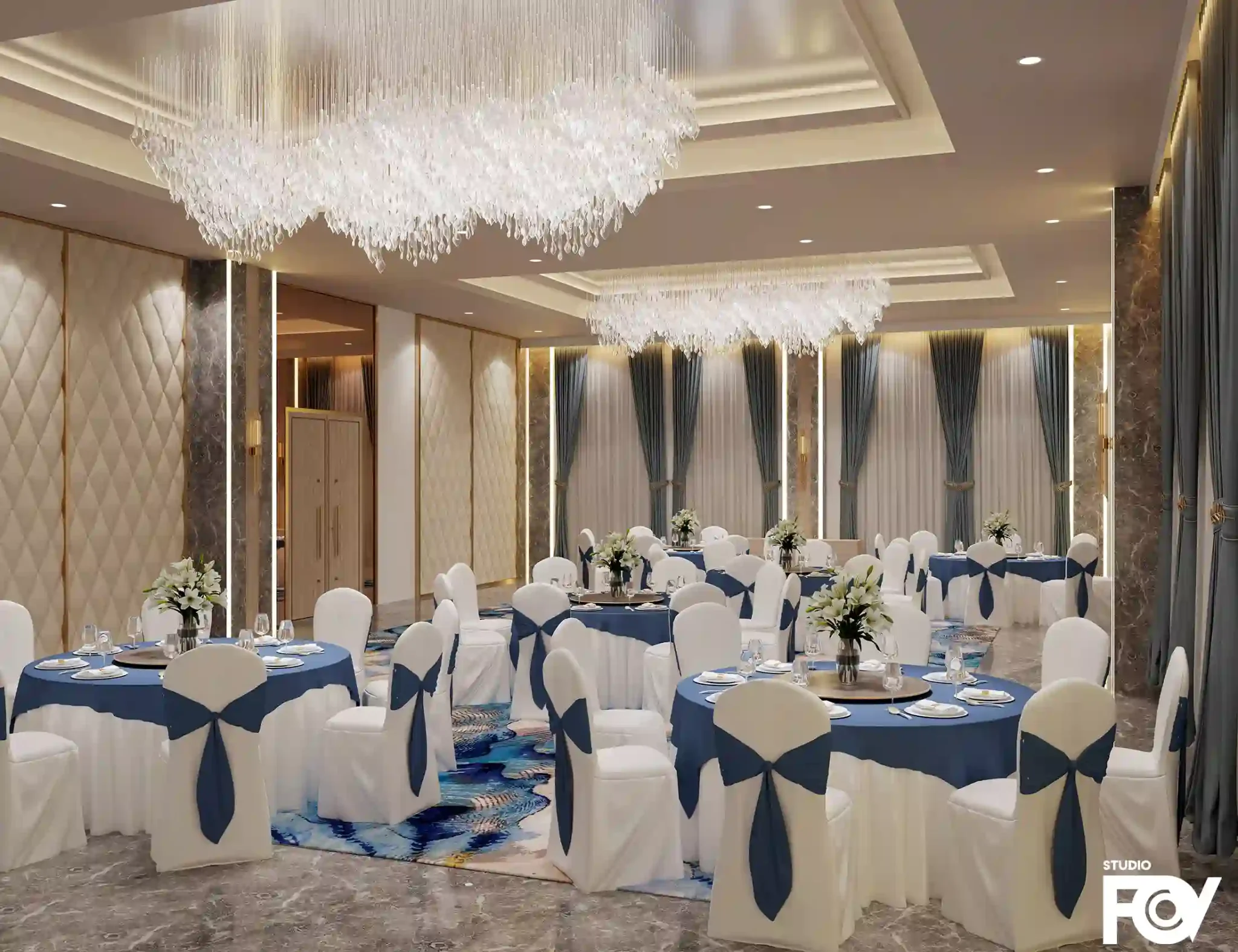 Banquet hall interior render with white tablecloths, blue chair sashes, and crystal chandelier.