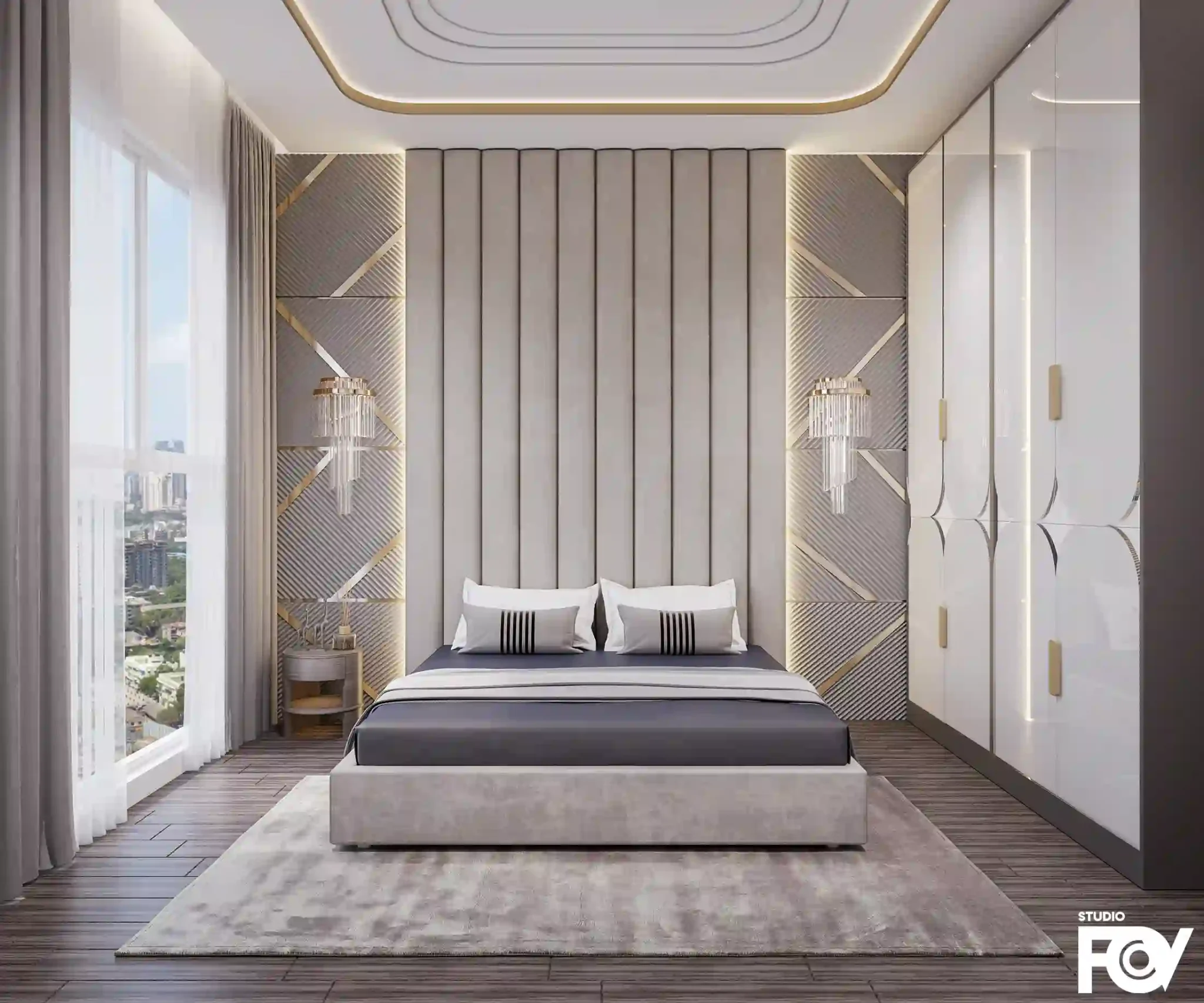 Modern bedroom interior render with gray bed, feature wall, city view, and wardrobe.