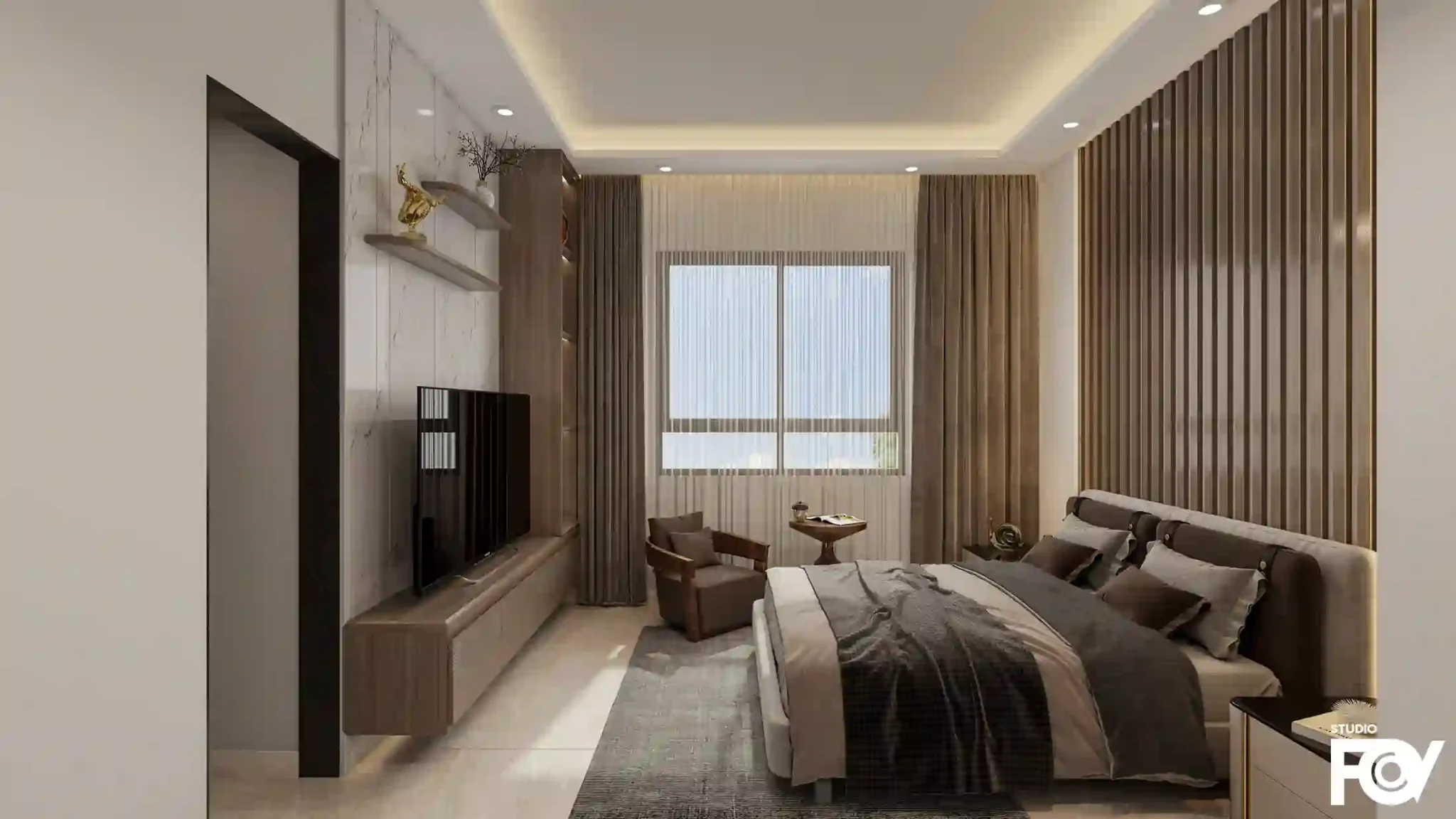 Modern bedroom 3d render: featuring a king-size bed, feature wall with decorative accents, and large window.