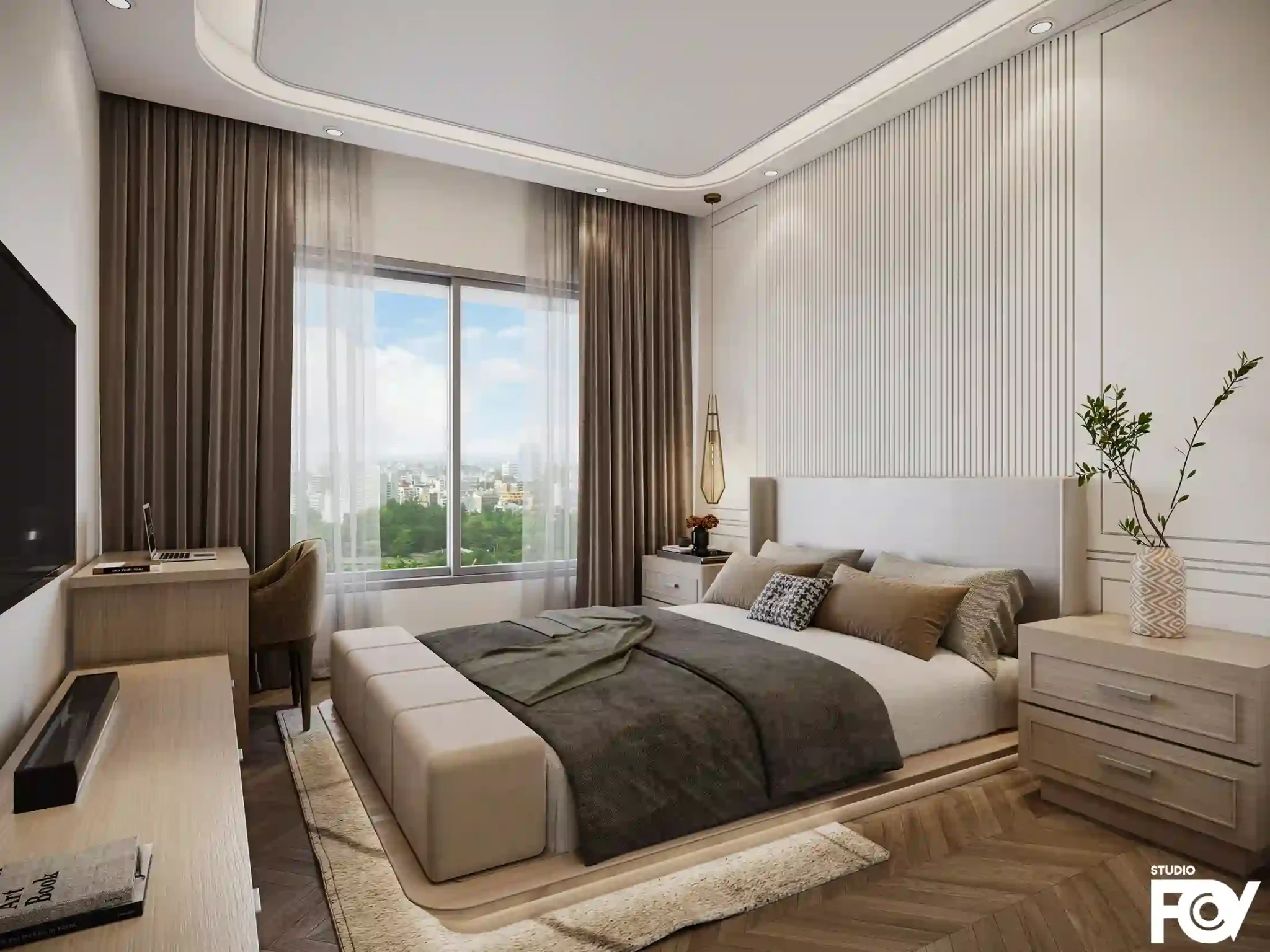 StudioFov modern bedroom interior design with a king-size bed and a city view