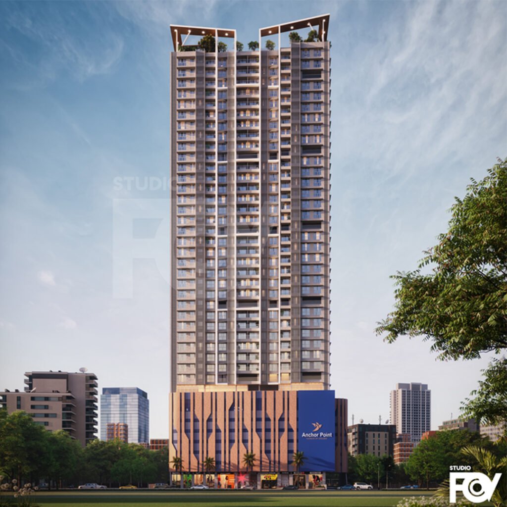 Front Eye View of Modern high-rise residential building exterior render with commercial area and city views.