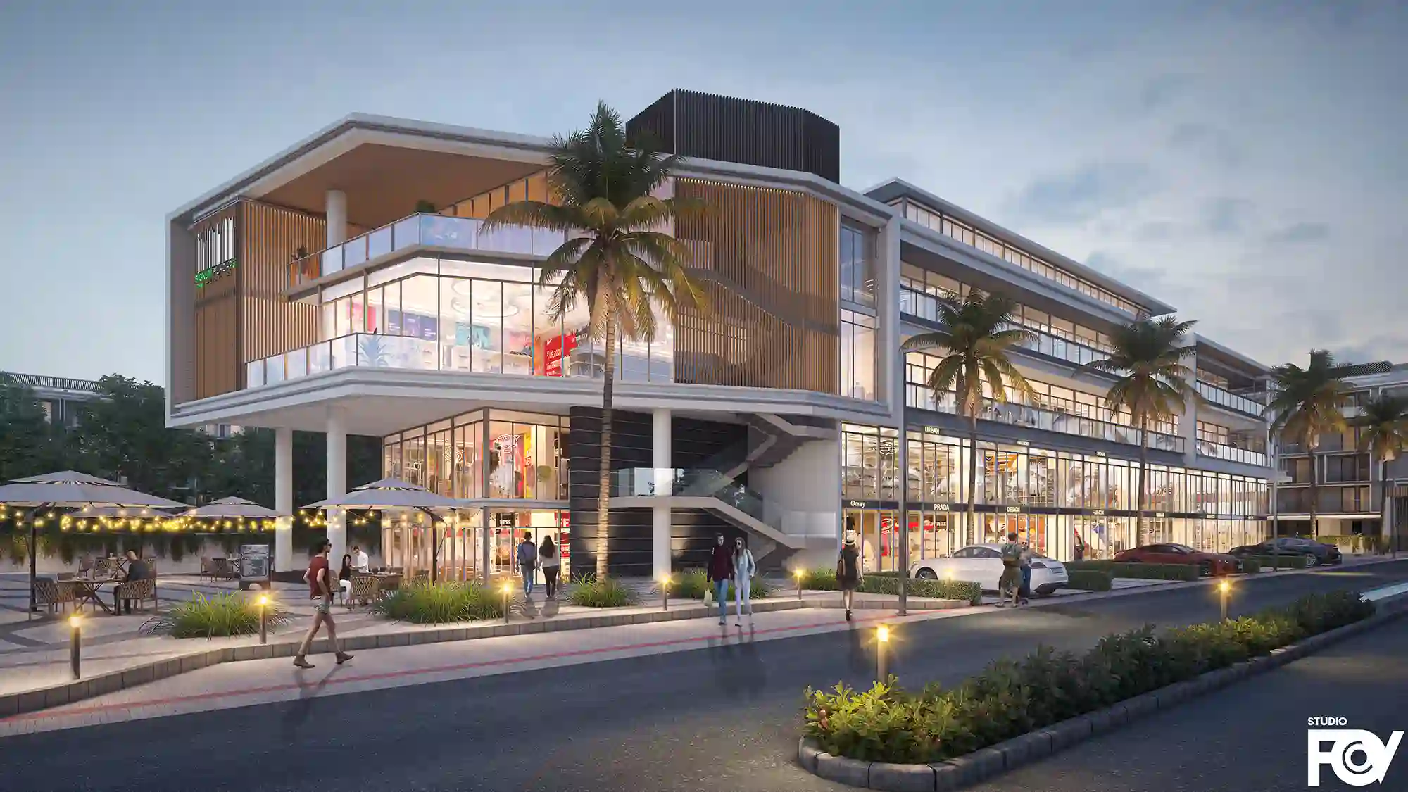 Modern commercial building exterior render with palm trees and city street.