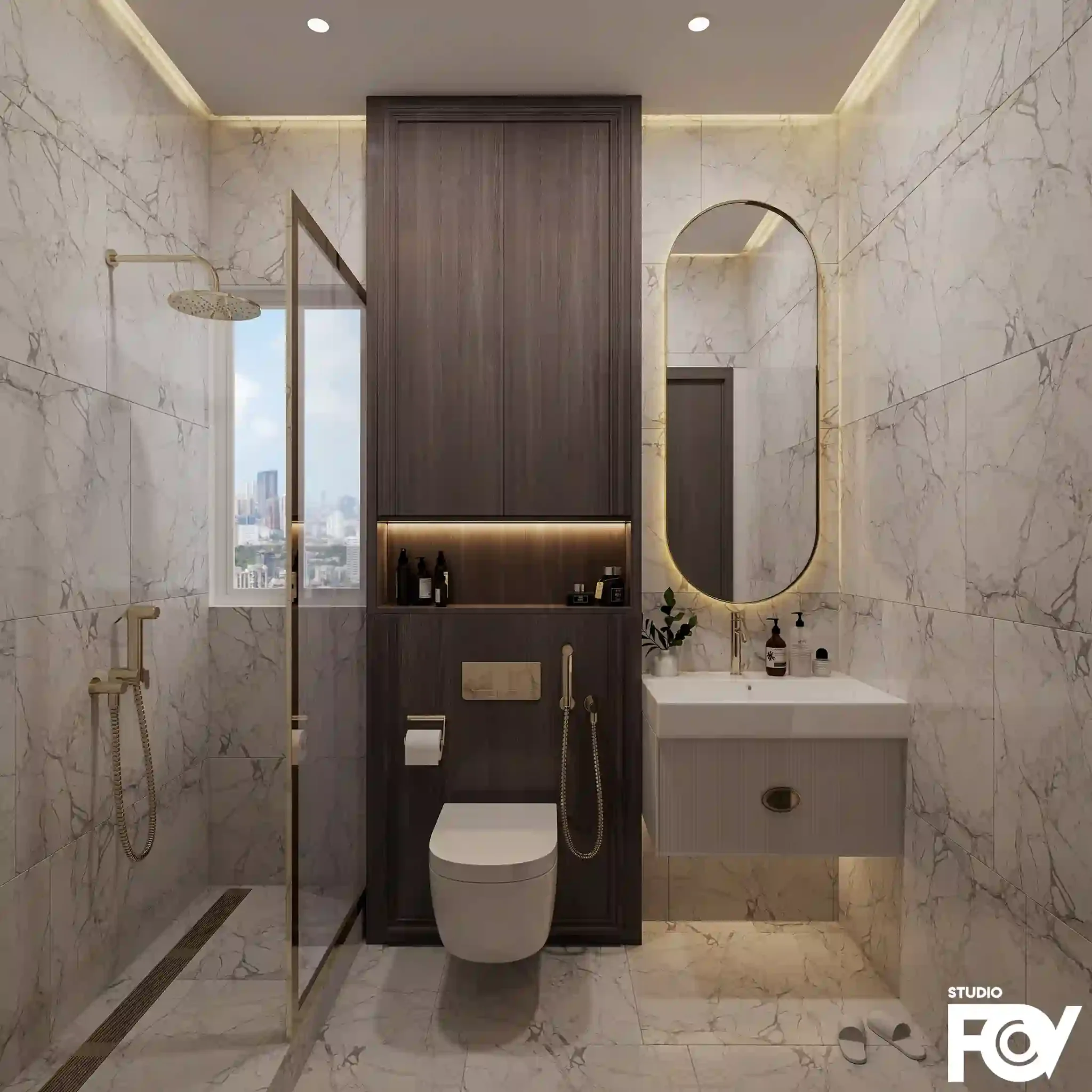 Modern bathroom interior render by studiofov with white toilet, glass shower, marble wall, vanity, and city view