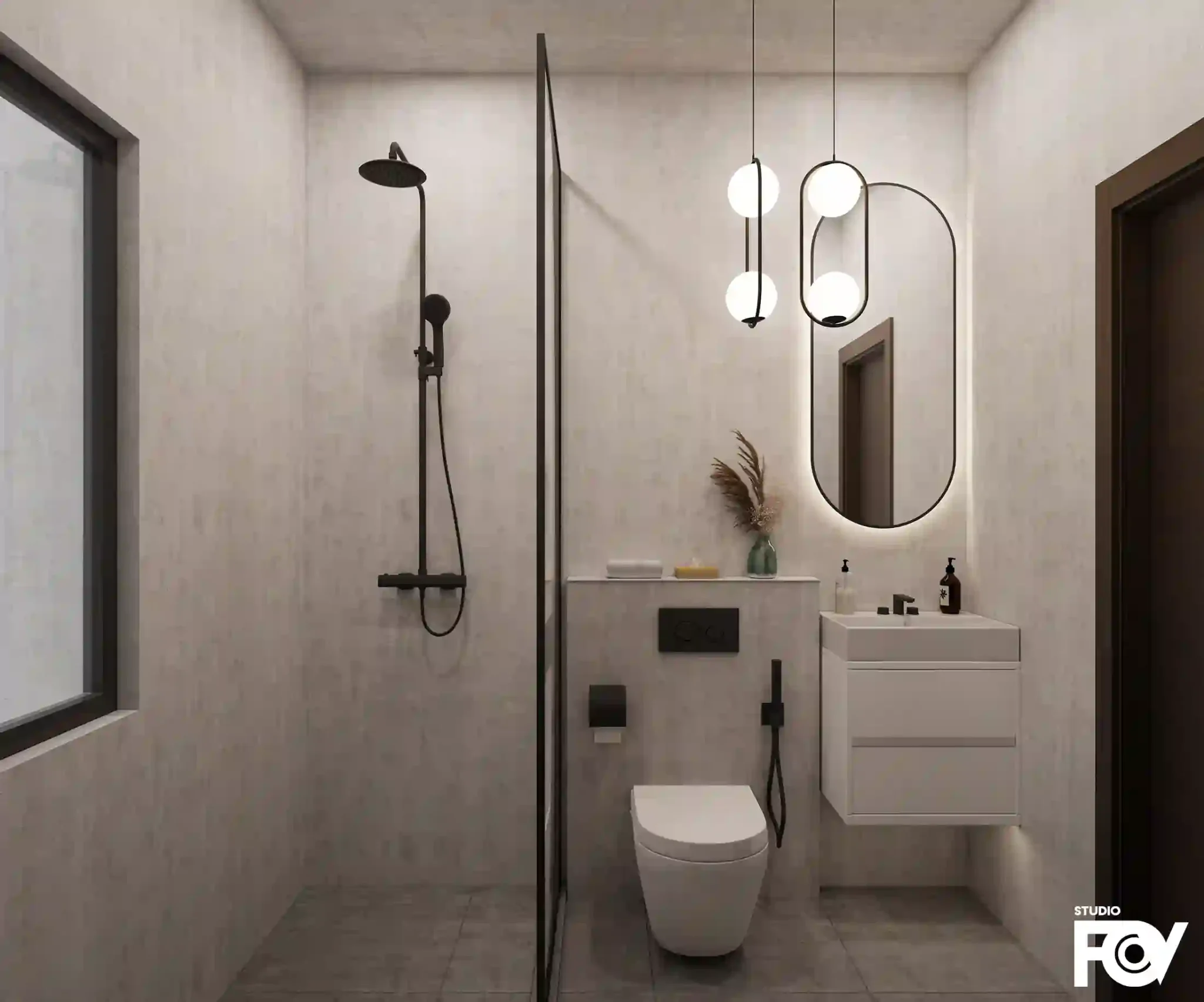 A modern and minimalist bathroom interior design with a walk-in shower and unique pendant lighting. Rendered by Studio FOV