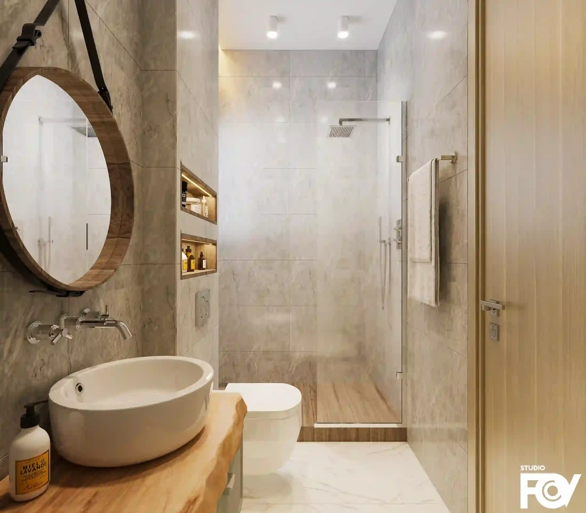 StudioFov modern bathroom interior design with a round mirror and wooden vanity