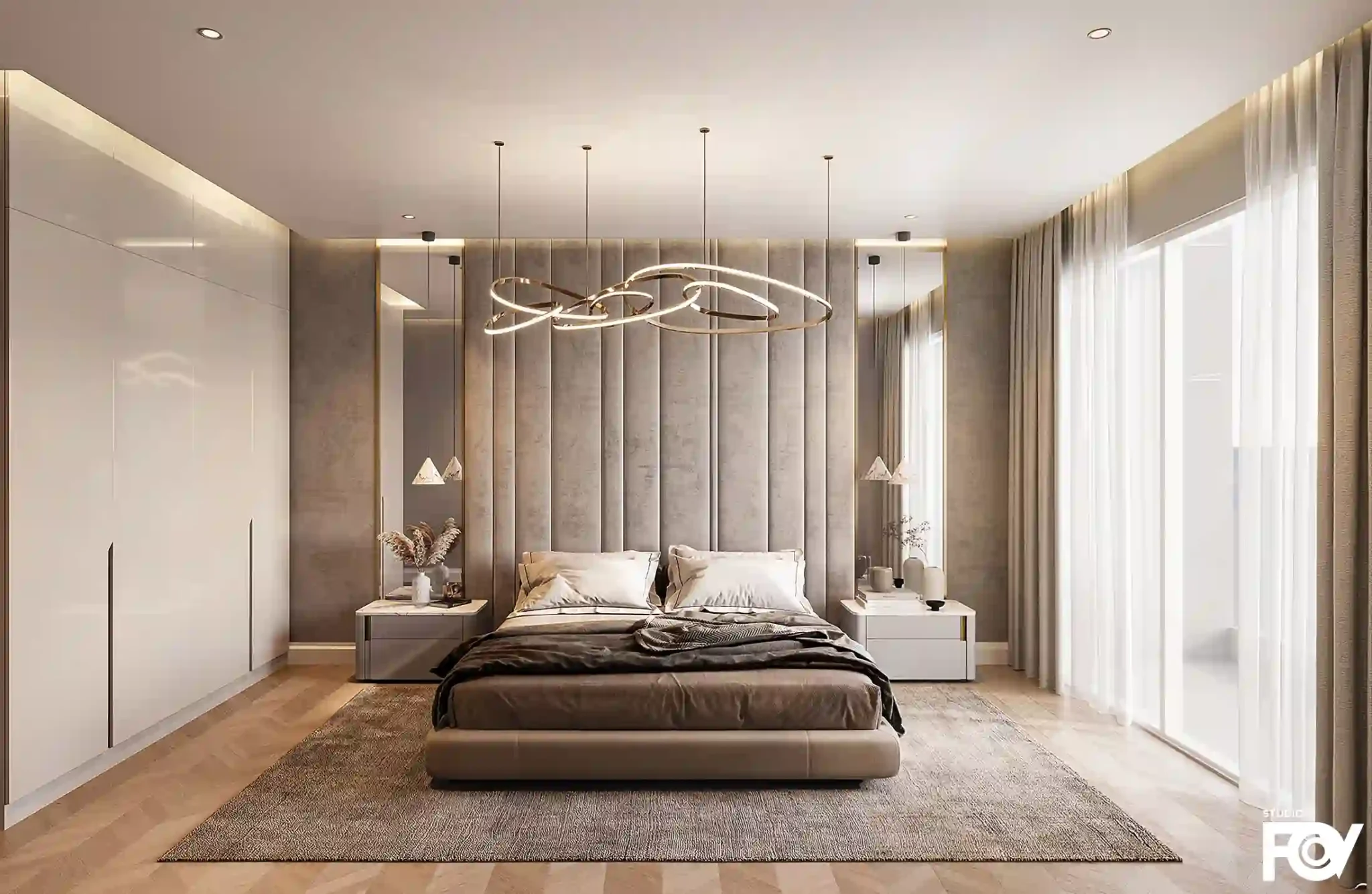 A modern and luxurious interior bedroom design with a textured wall, large windows, and a unique pendant light fixture. Interior Rendered by Studio FOV