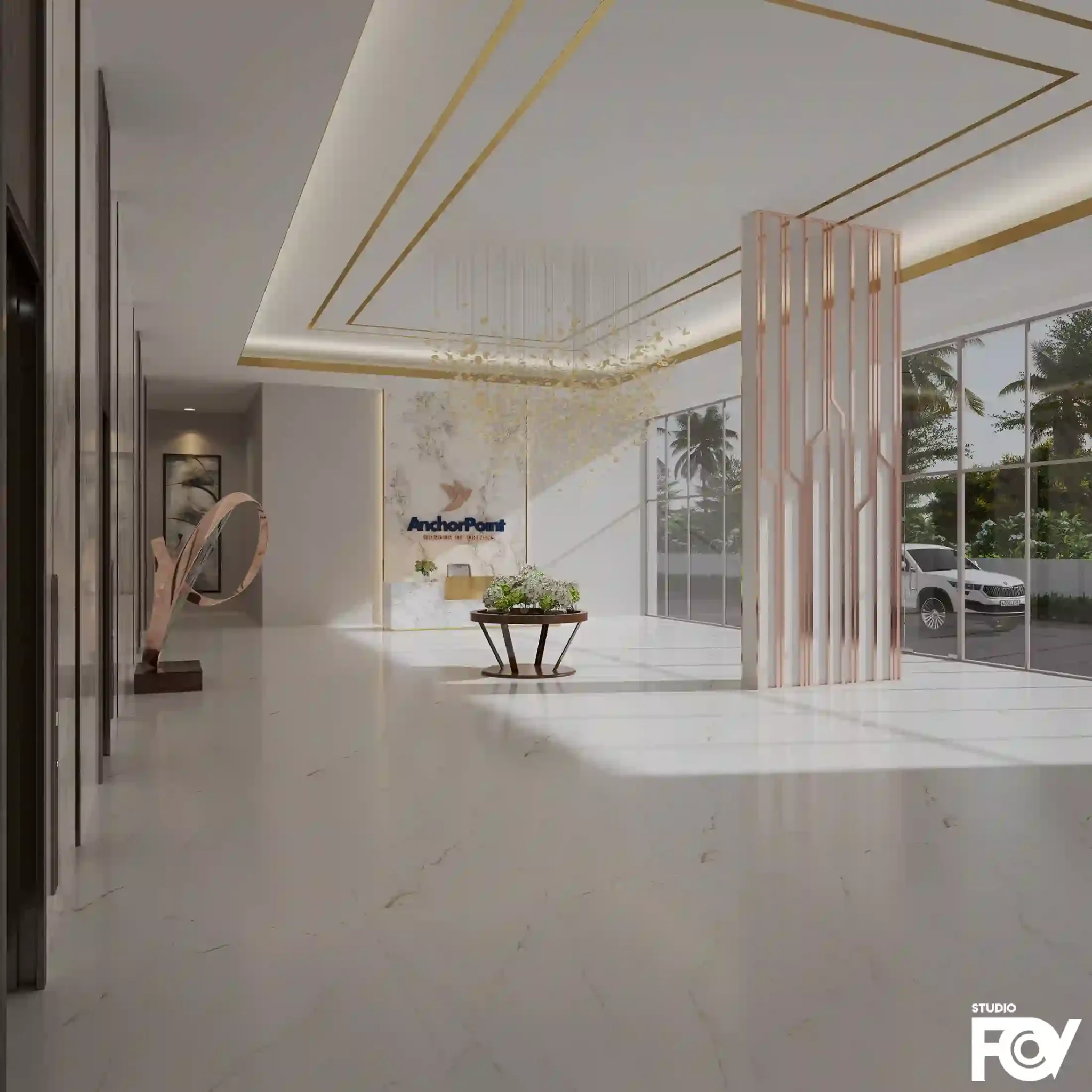 A spacious and modern hotel lobby interior design with white marble flooring, gold accents, and a chandelier. Rendered by Studio FOV