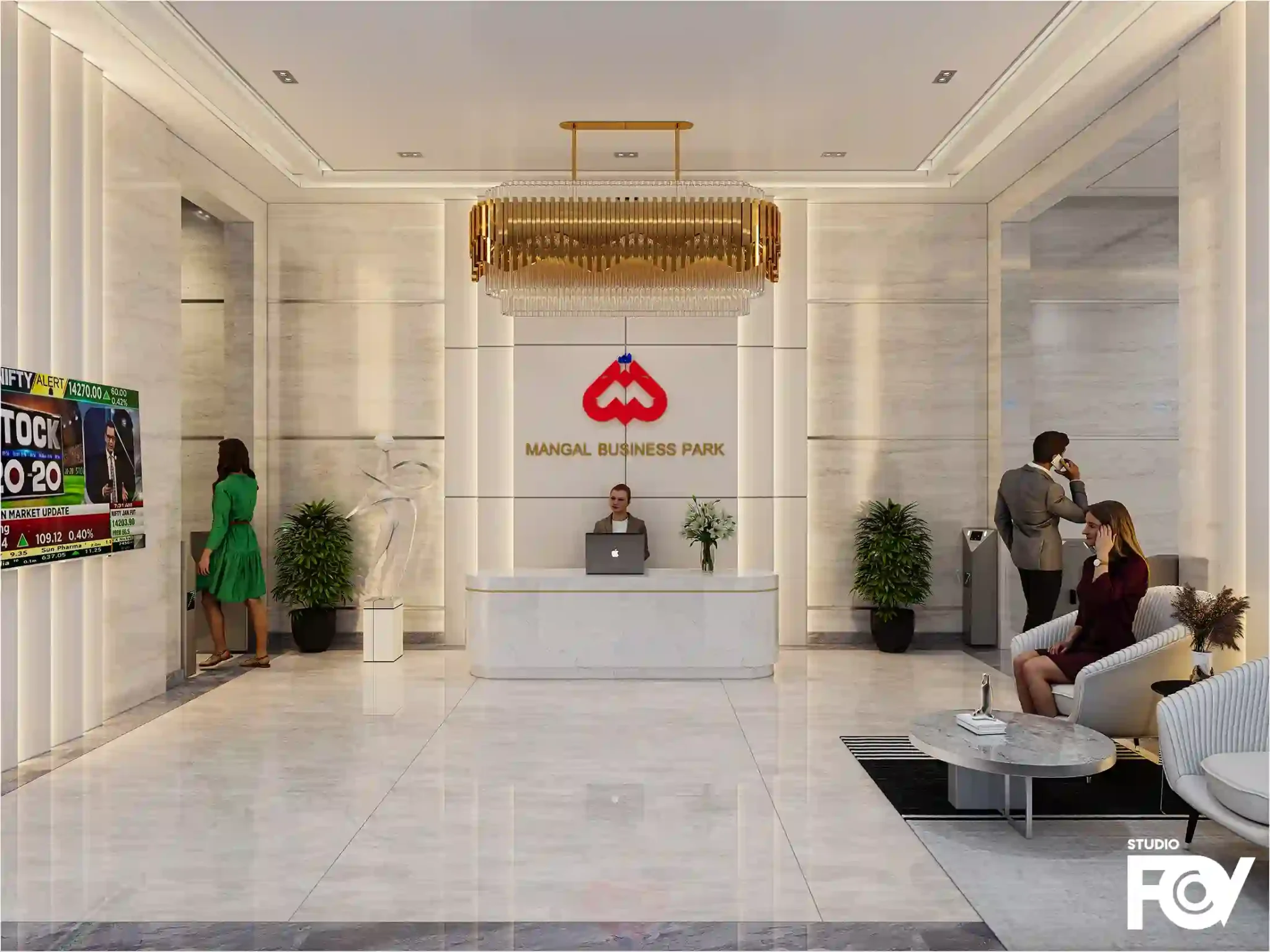 Modern office lobby 3D render, featuring marble flooring, white walls, and elegant furnishings.