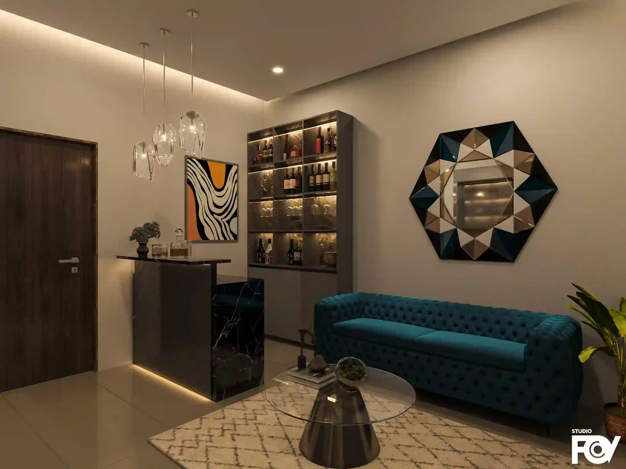 Modern home bar 3d render design with marble countertop, built-in wine rack, and velvet sofa.