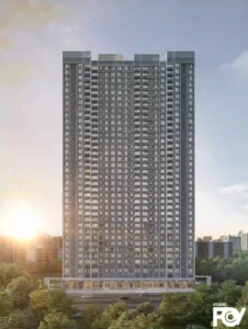 Front Facade View of Modern high-rise residential building exterior render with city views.