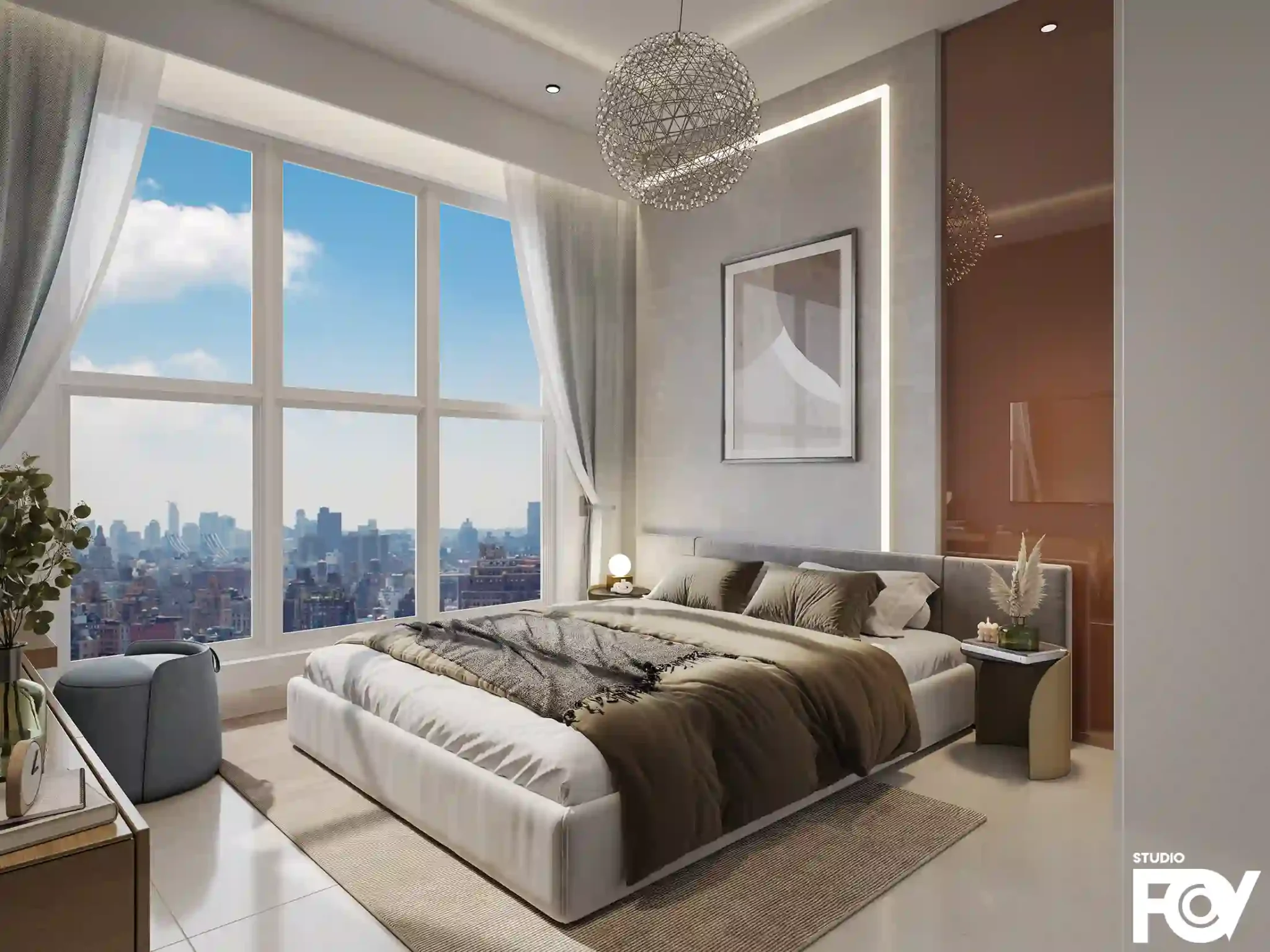 A modern and luxurious bedroom interior design with a king-size bed, large windows offering city views, and a stunning chandelier. Rendered by Studio FOV, a leading 3D architectural visualization firm.