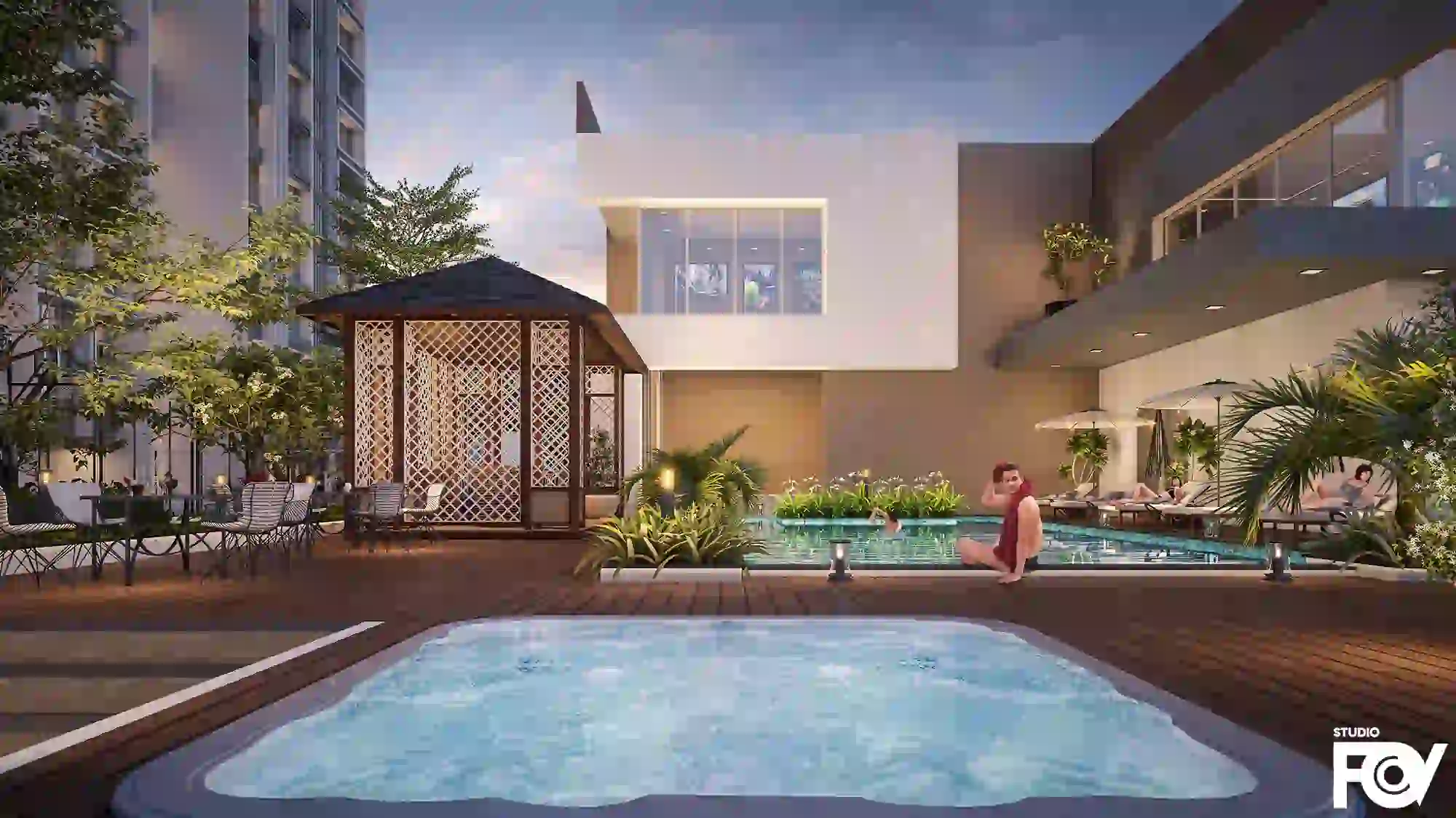 Rooftop pool area exterior render with gazebo, loungers, and hot tub.