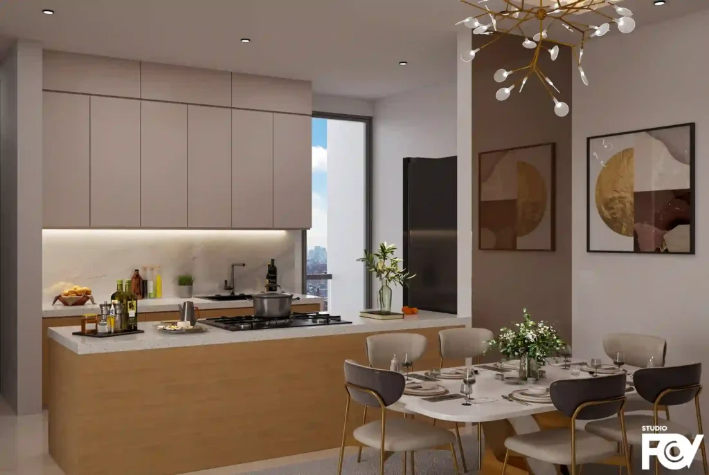 Modern kitchen and dining room interior render with white cabinets, wooden island, dining table, city view, chandelier, and artwork.