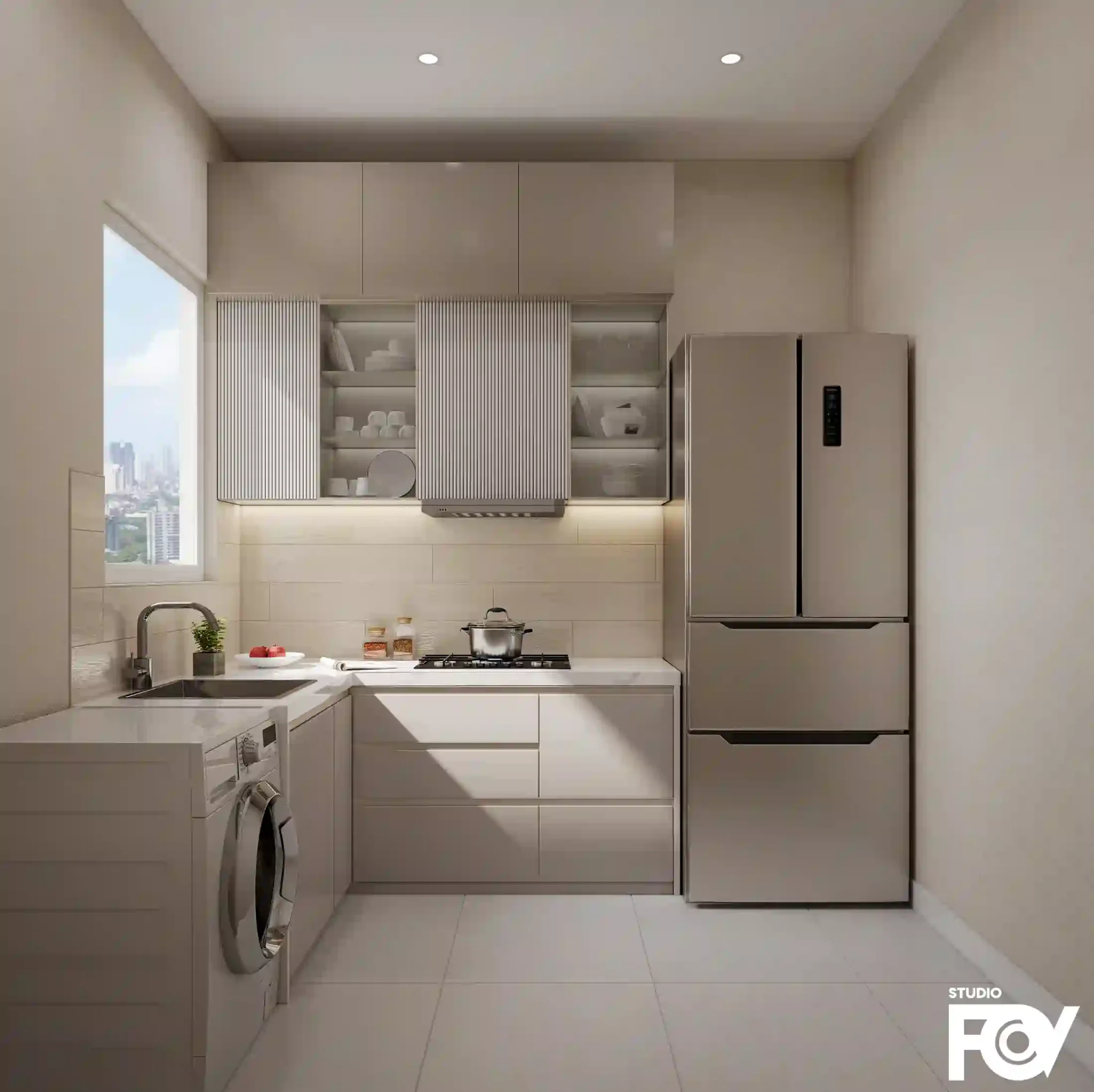 Modern kitchen interior render with white cabinets, gray countertop, stainless steel sink, gas stove, refrigerator, and washing machine.