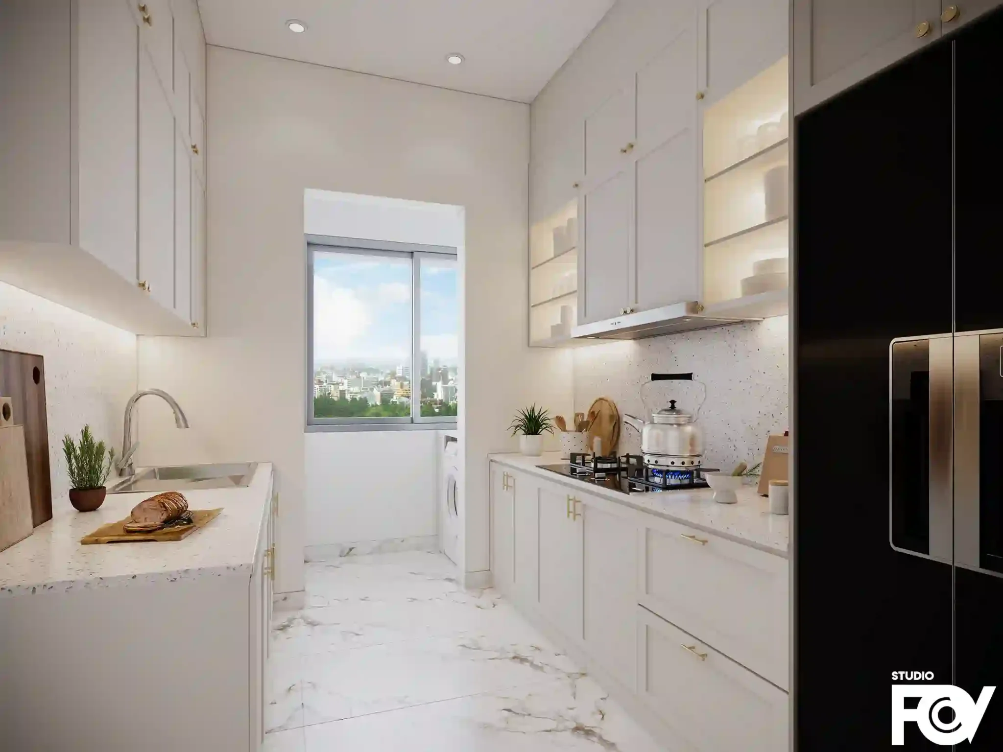 StudioFov modern kitchen interior with white cabinets and marble flooring