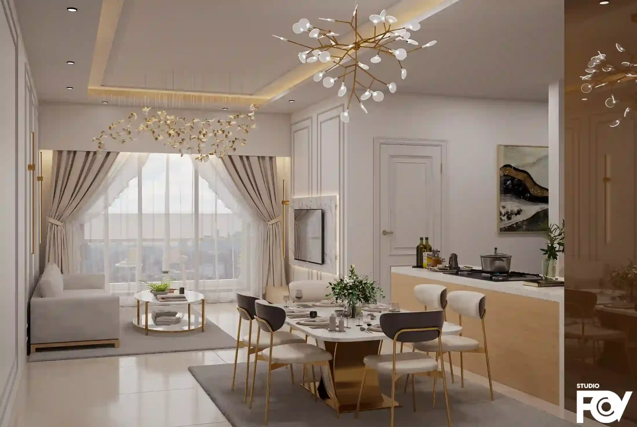 A modern and spacious living room and dining room combination with gold accents and a chandelier. Interior Rendered by Studio FOV