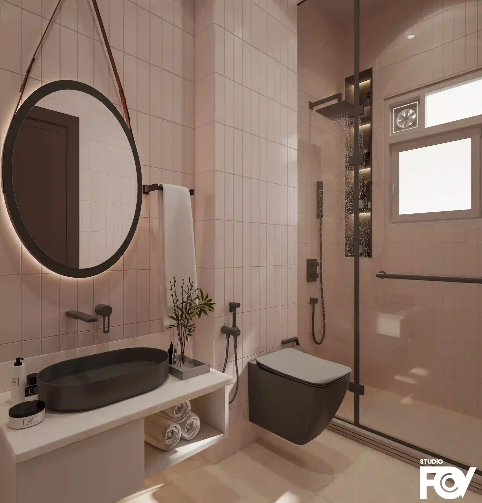 A modern and minimalist Interior bathroom render with pink walls, a round mirror, and a black vanity. Rendered by Studio FOV