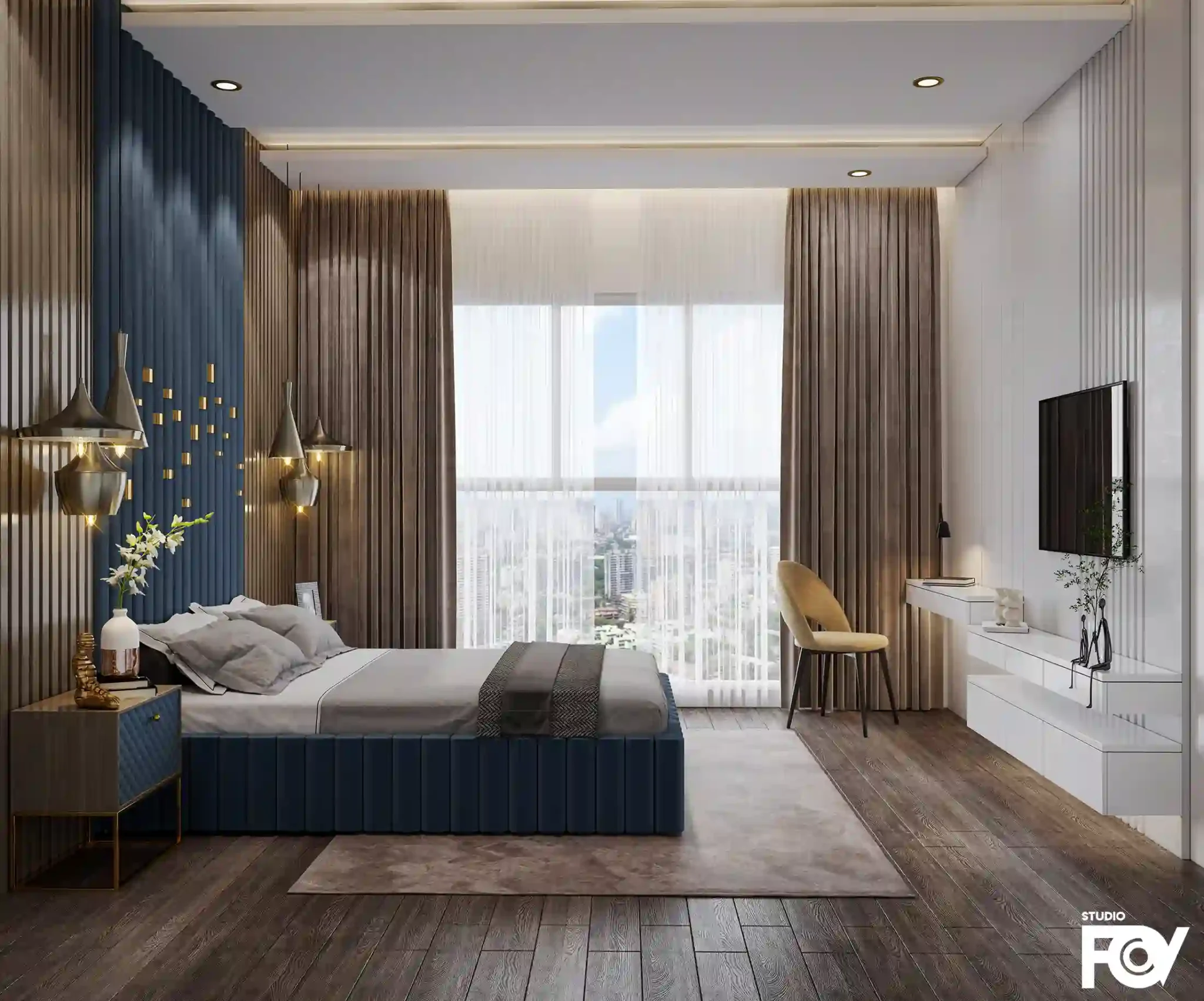 Modern bedroom interior render with gray bed, ceiling fan, city view, marble feature wall, and wall-mounted TV.