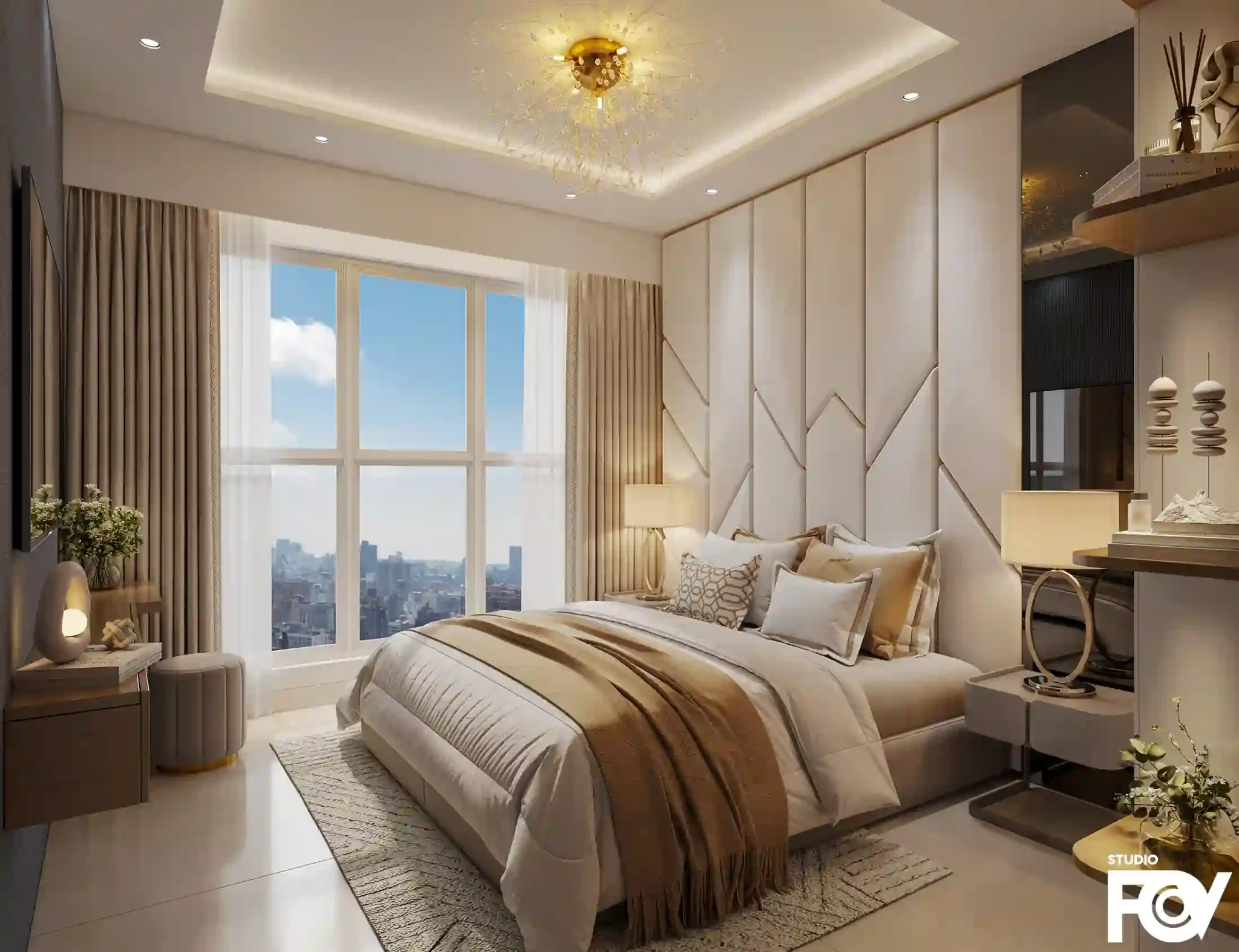 A modern and luxurious bedroom interior design with a king-size bed, textured wall, large windows, and a chandelier. Rendered by Studio FOV