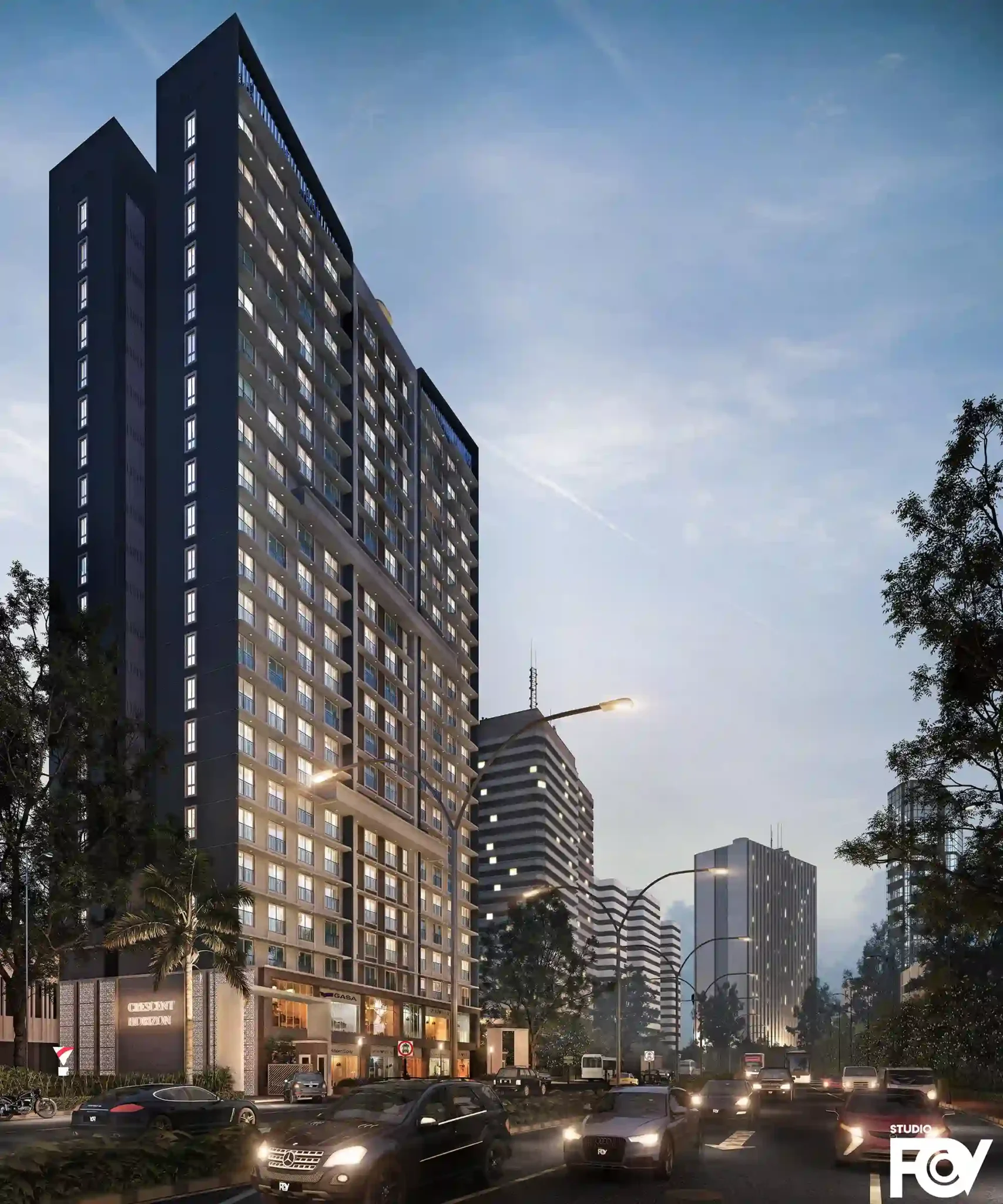 Modern high-rise residential building exterior render with glass facade, stepped design, and city skyline.