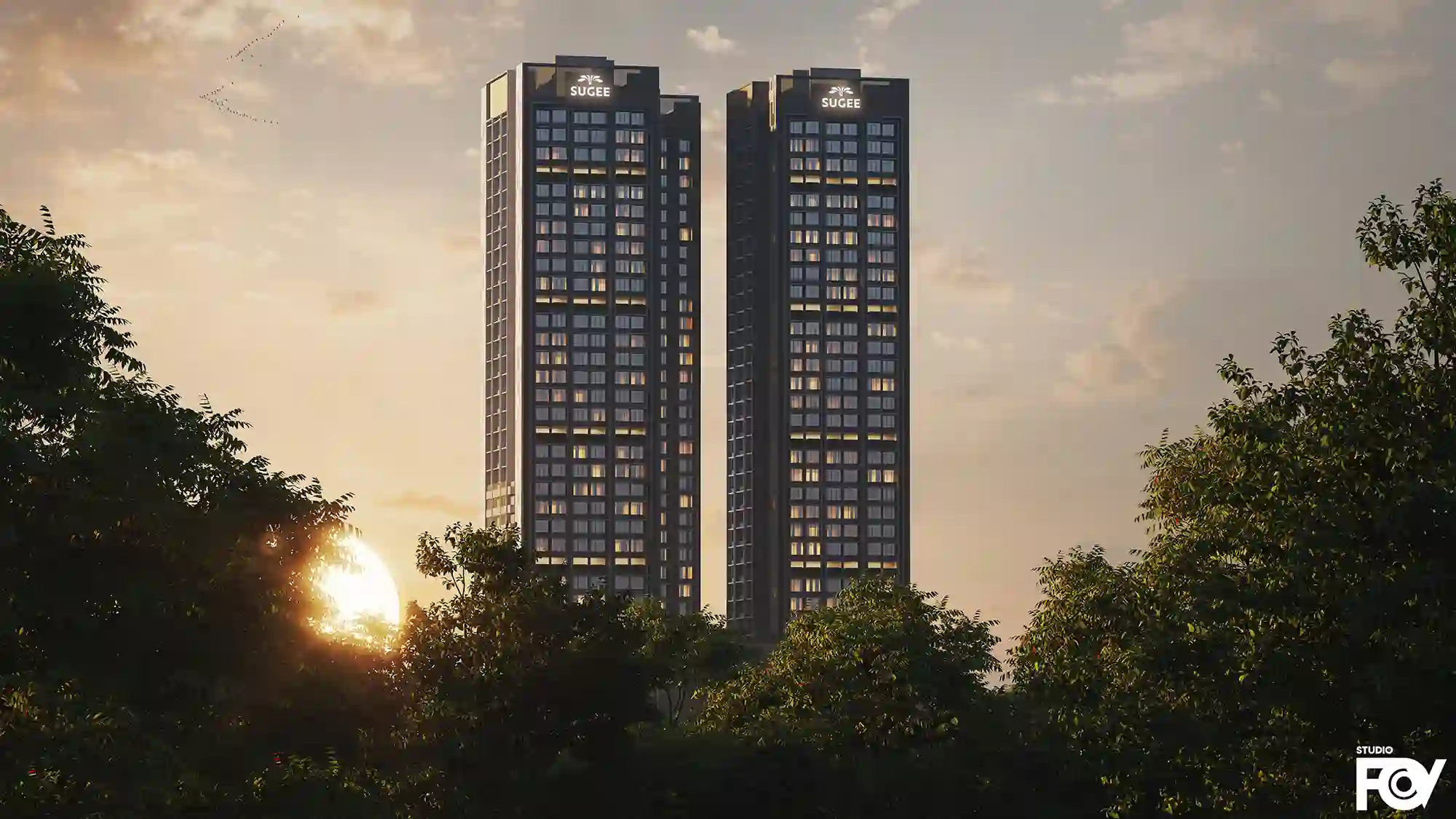 Modern high-rise residential building complex Mood Shot View Exterior Render