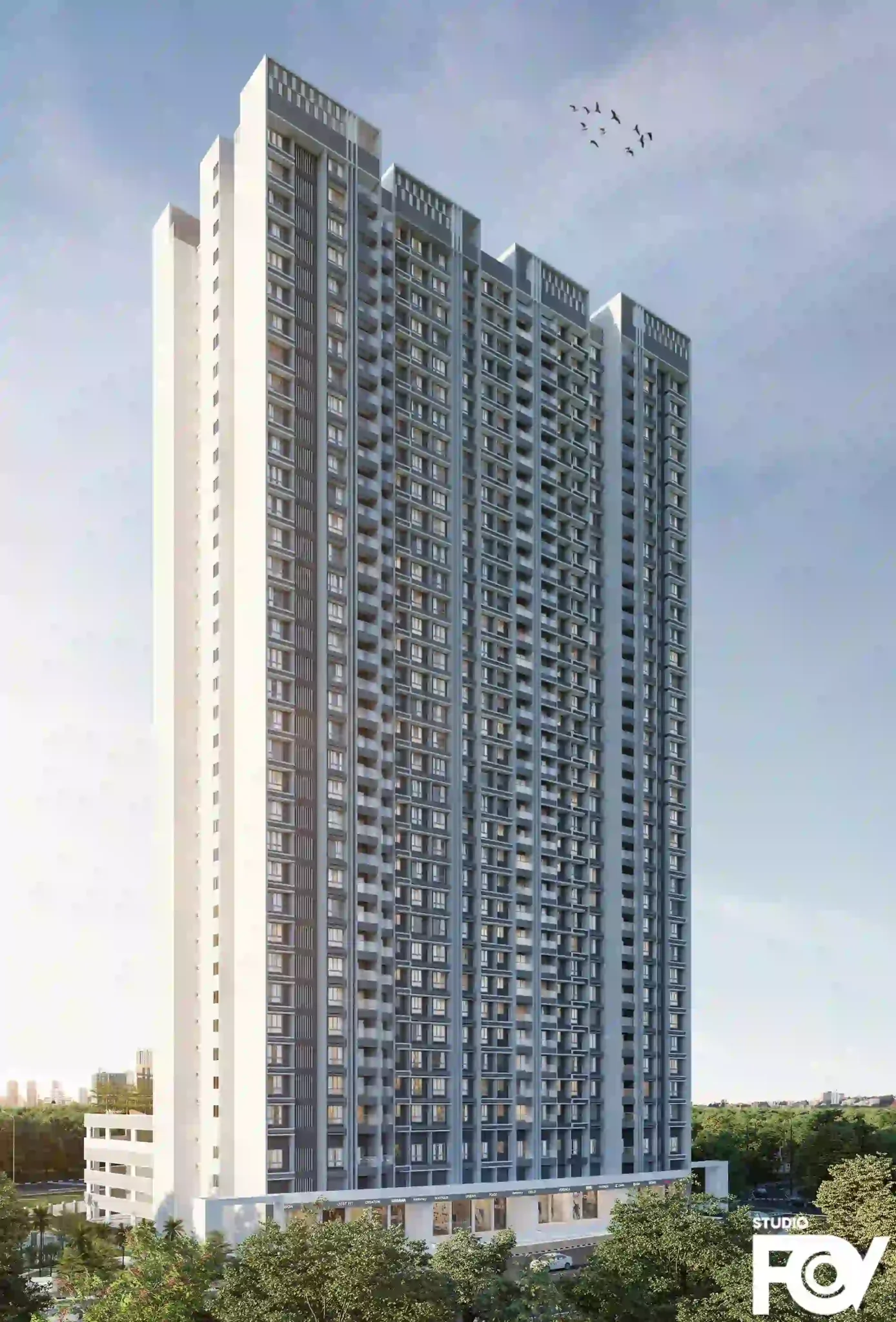 Modern high-rise residential building exterior render with white facade, green roof, and trees.