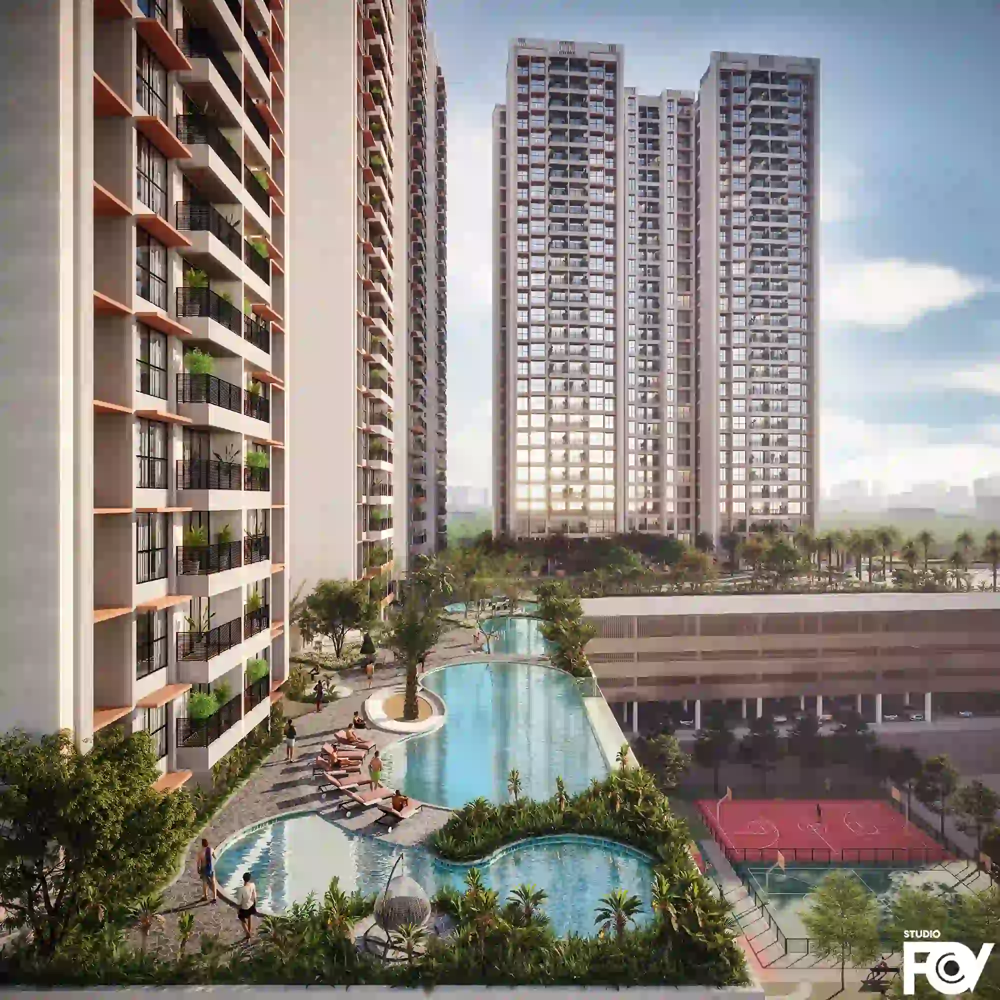 Podium Area View of Modern residential complex exterior render with two high-rise buildings, swimming pool, and landscaping.