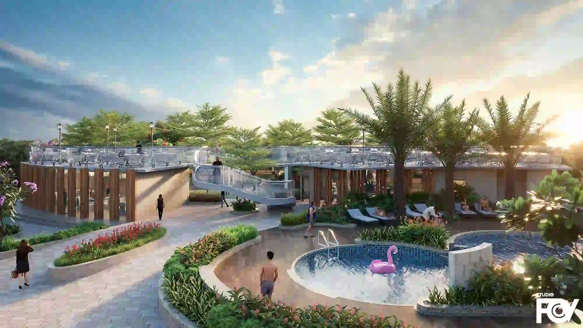 Rooftop pool area exterior render with swimming pool, lounge chairs, gazebo, palm trees, and flowering plants.