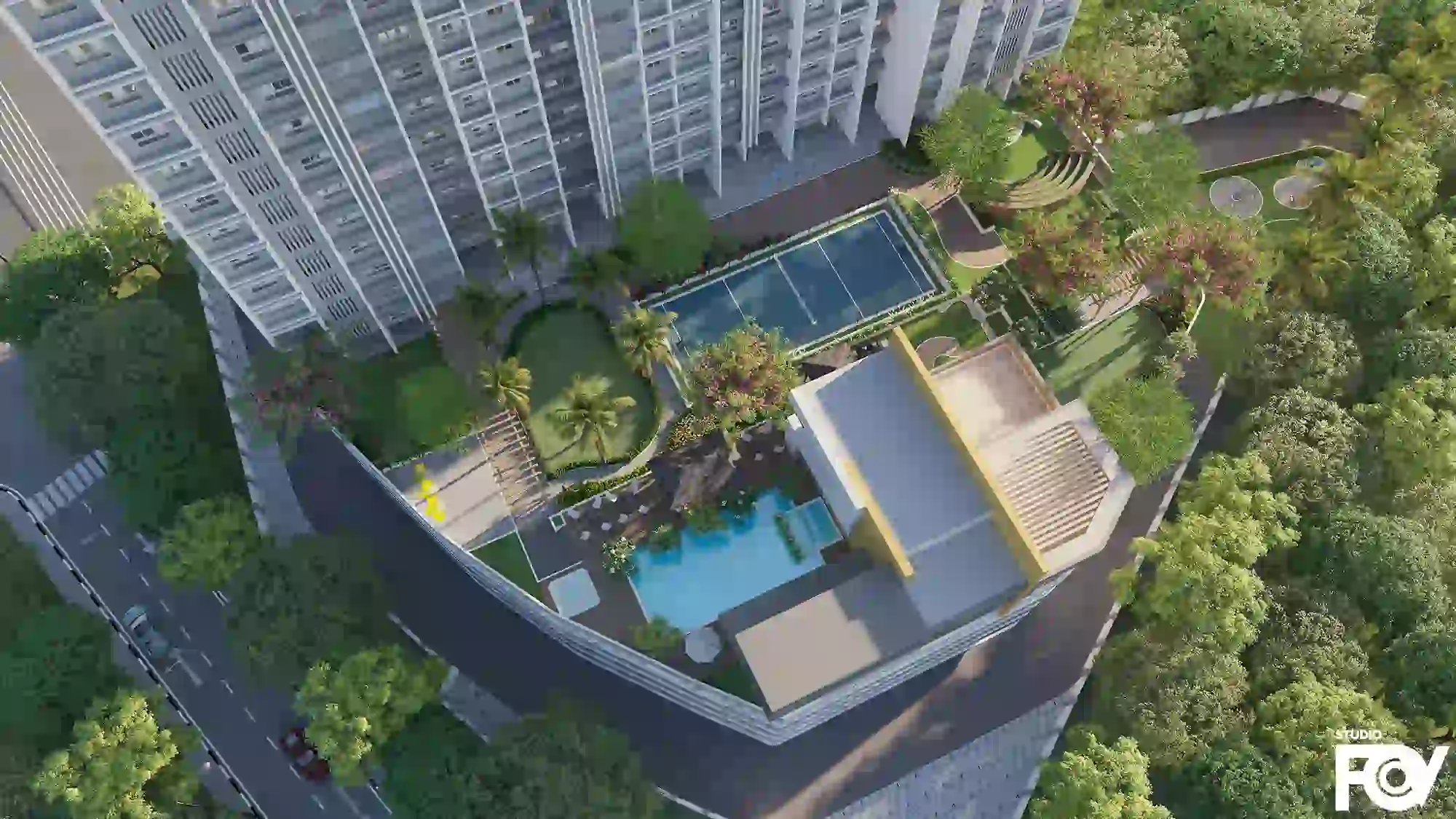 Podium Aerial view of modern residential complex with swimming pool, tennis court, and landscaped gardens.