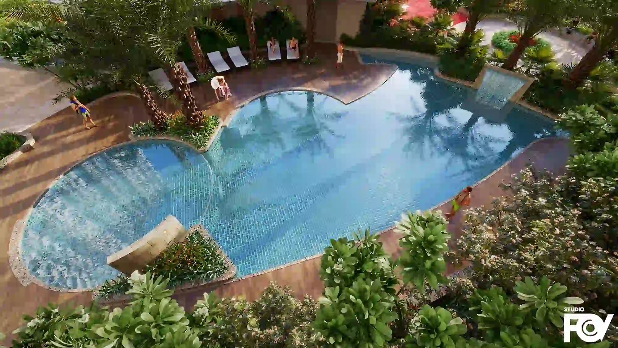 Aerial view of swimming pool surrounded by greenery, palm trees, and lounge chairs.