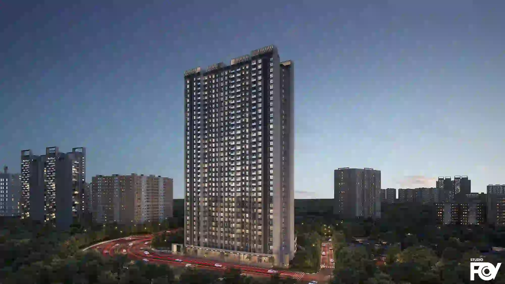 Right Side Angel View ofModern high-rise residential building exterior render with curved facade and city lights.