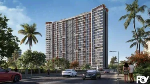 Road View of Modern high-rise residential building exterior render with palm trees and city street.