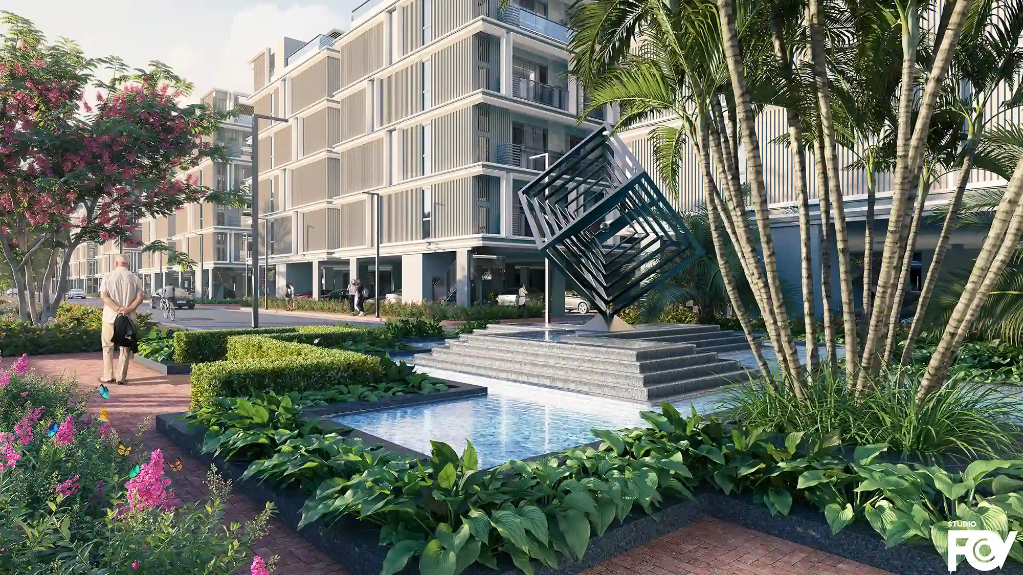 Sculpture View of Modern residential complex exterior render with landscaped courtyard, water feature, and sculpture.