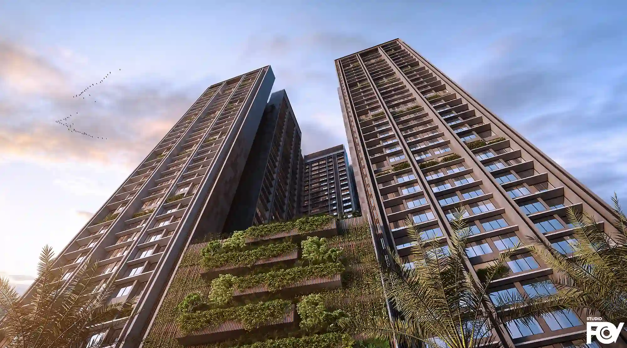 Modern high-rise residential building exterior render with dark facade and green vertical gardens.