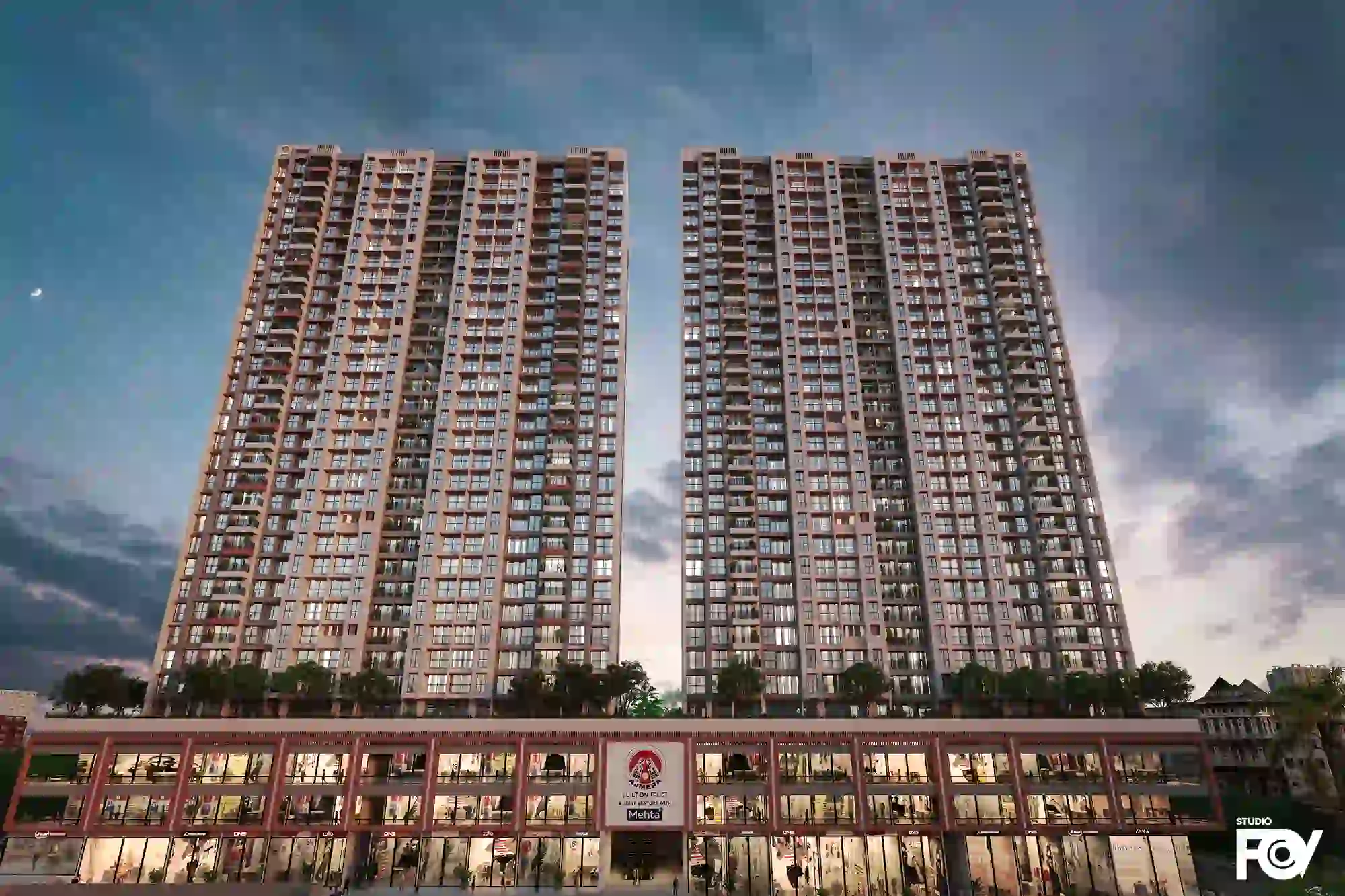 Warm Eye View of Modern high-rise residential building complex with two towers, sky bridge, and retail shops.