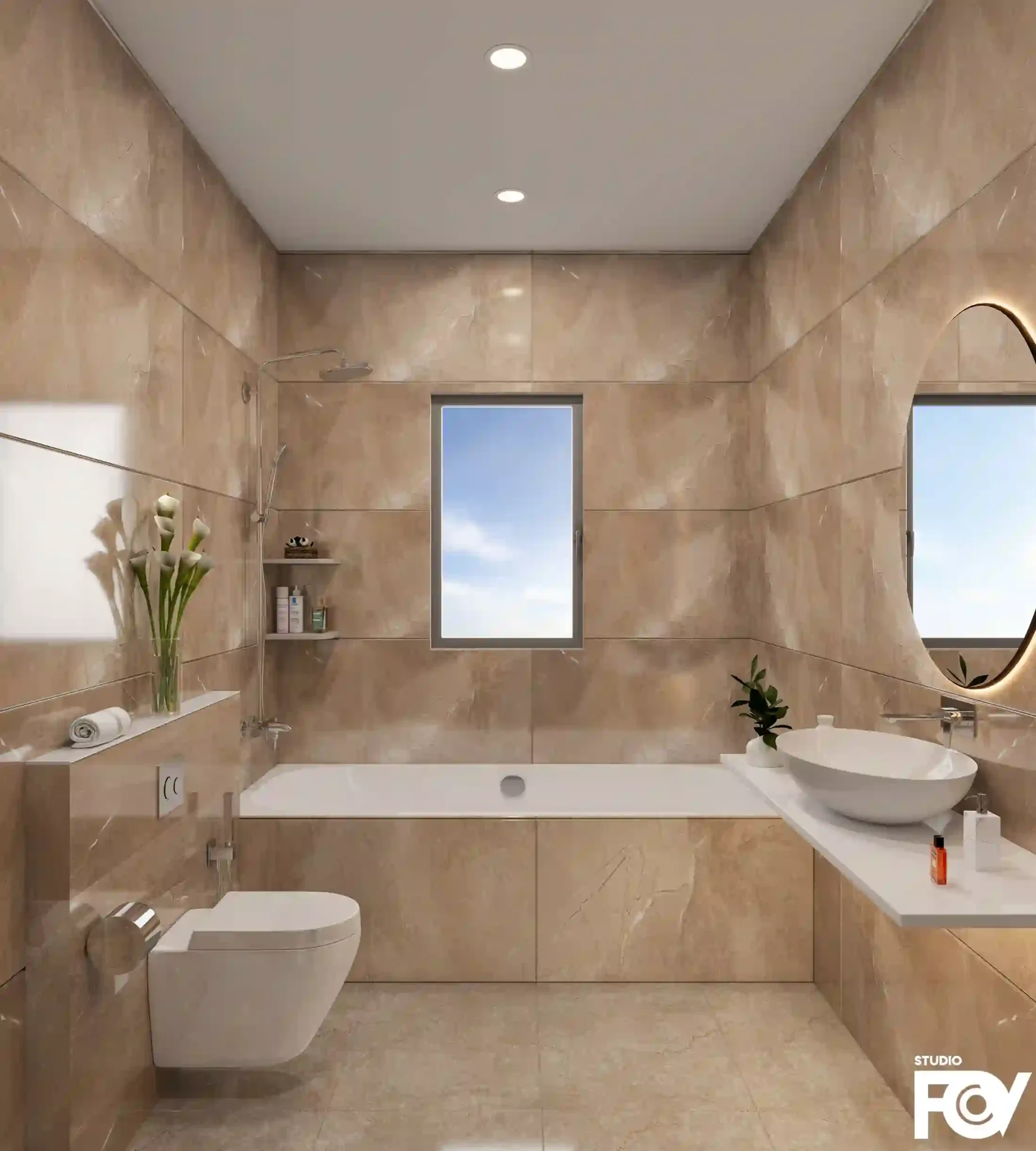 Modern bathroom 3d render: This design featuring a freestanding bathtub, vanity sink, toilet, and beige marble tiles.