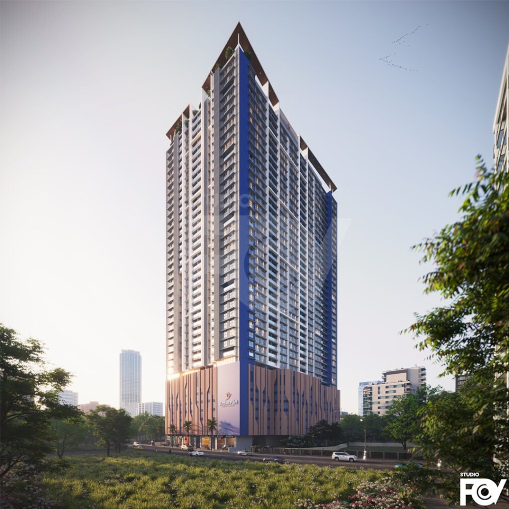 Semi Aerial Front Side of Modern high-rise residential building exterior render with rooftop garden and city views.