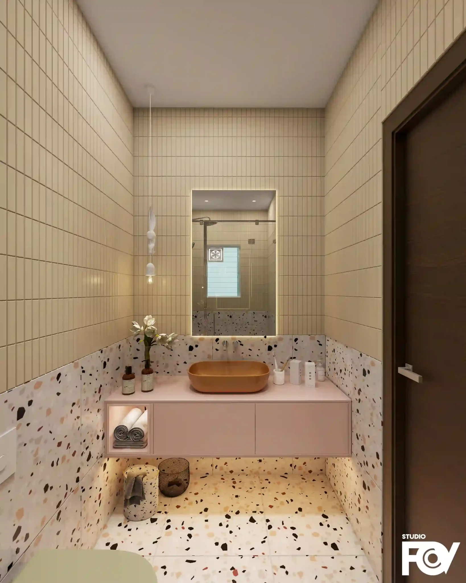 A modern and minimalist bathroom Interior Render with terrazzo flooring, a hanging pendant light. Rendered by Studio FOV