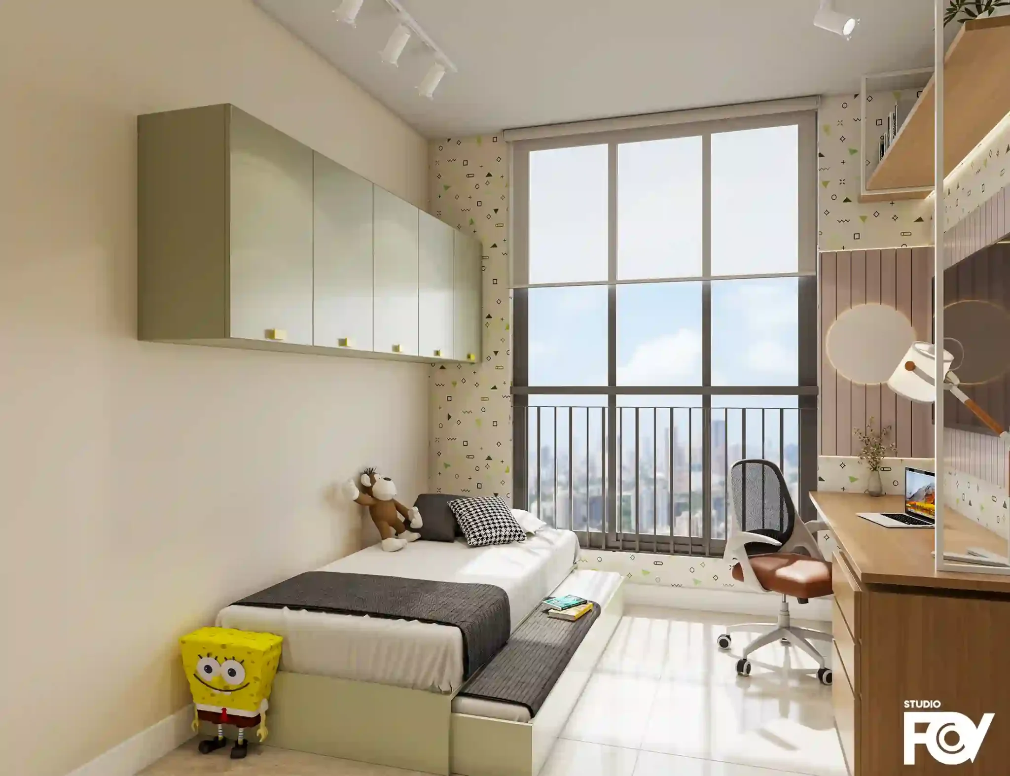 A modern and playful bedroom design with a single bed, built-in storage, and a desk area. Rendered by Studio FOV