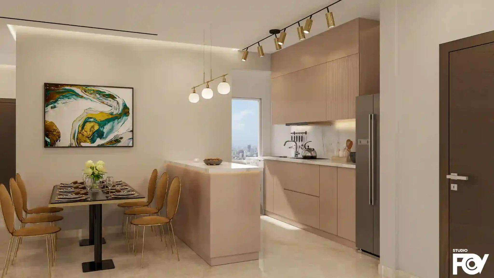 A modern and stylish kitchen interior render design with a breakfast bar, pendant lighting, and city views. Rendered by Studio FOV