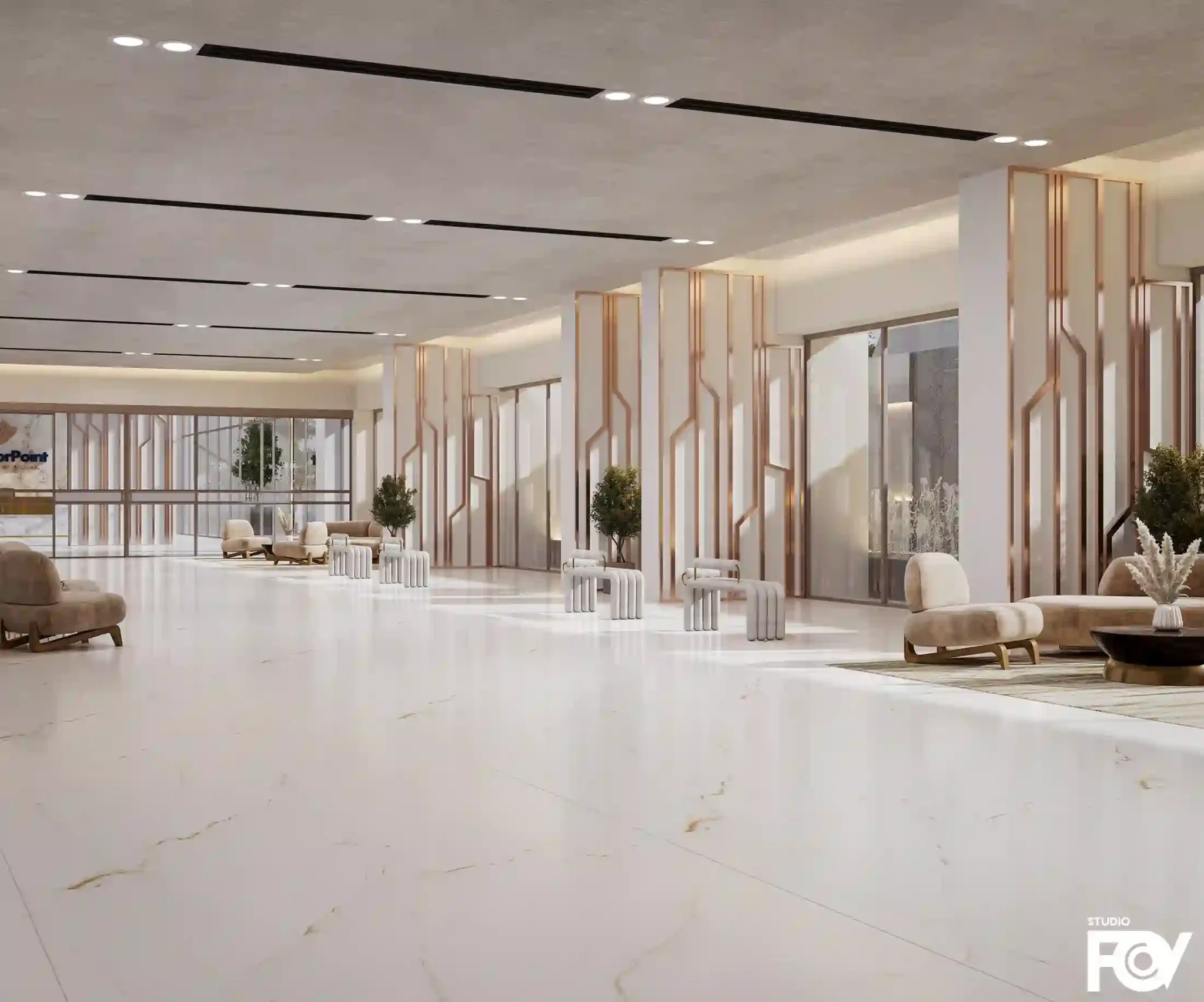 A spacious and modern hotel lobby with white marble flooring, gold accents, and comfortable seating. Interior rendered by Studio FOV