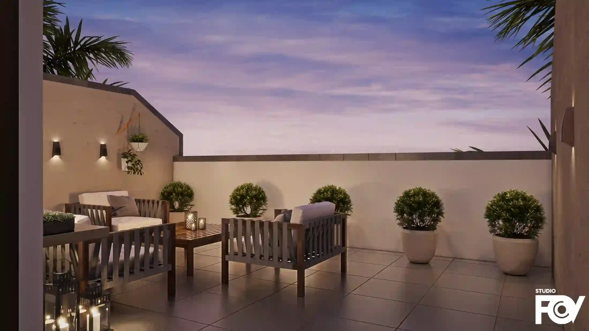 Serene rooftop terrace with modern 3D Render | StudioFov