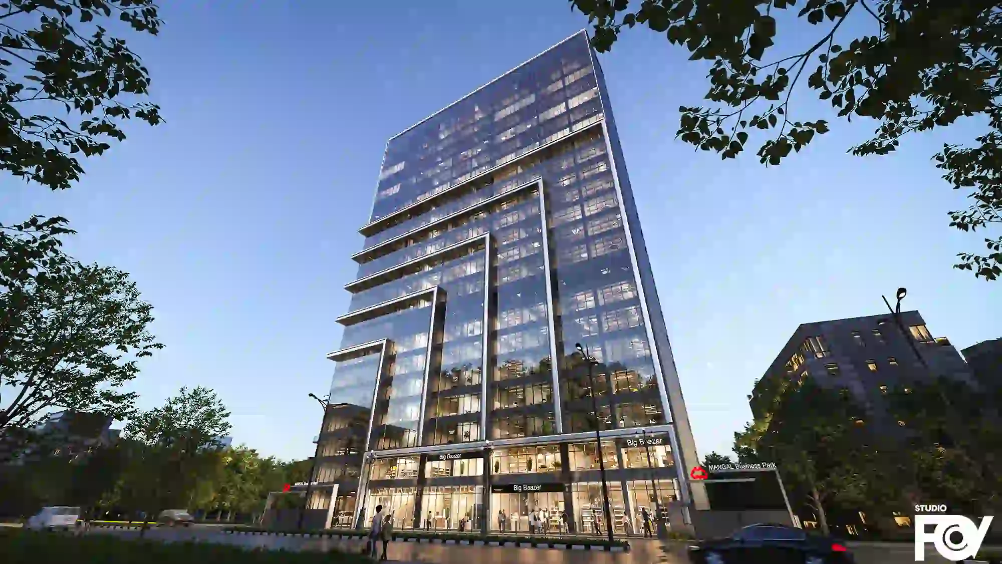 Modern high-rise commercial building exterior render with glass facade, stepped design, and city skyline.